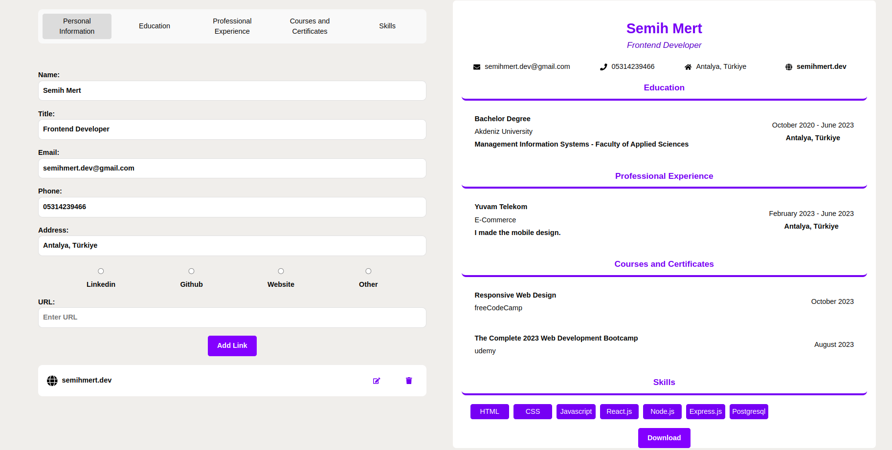 Screenshot of CV app project